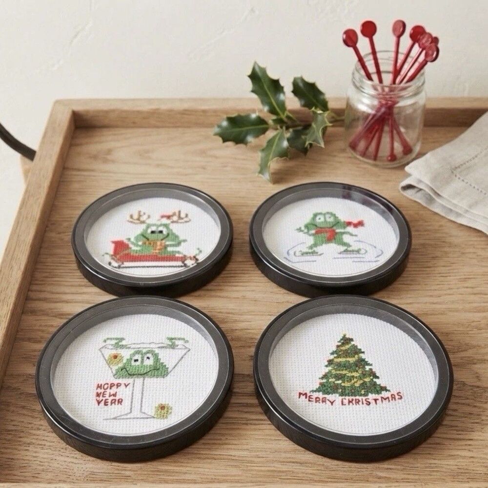 Vintage Frog Cross Stitch Christmas New Year Coasters Set of 4